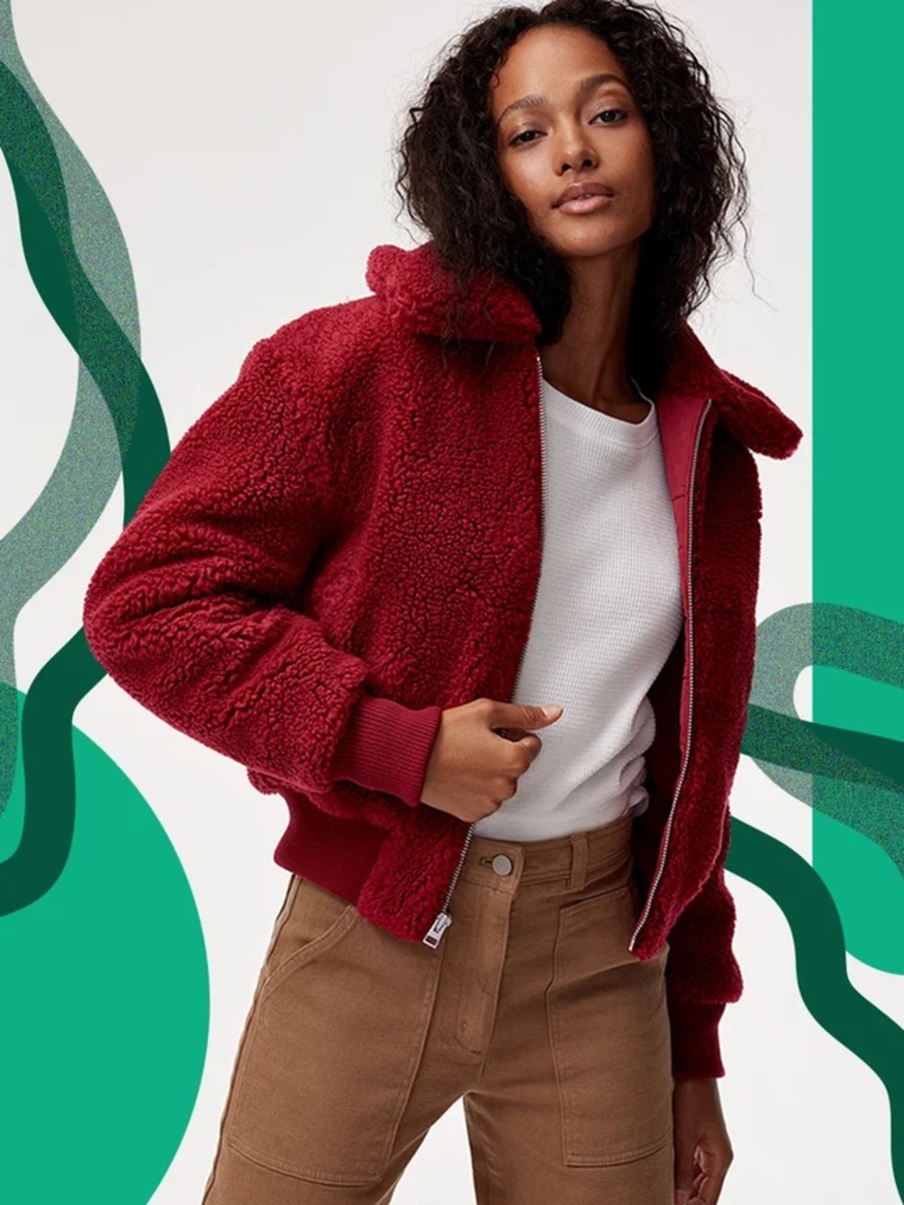 WILFRED Plush Teddy Bomber Jacket in Red